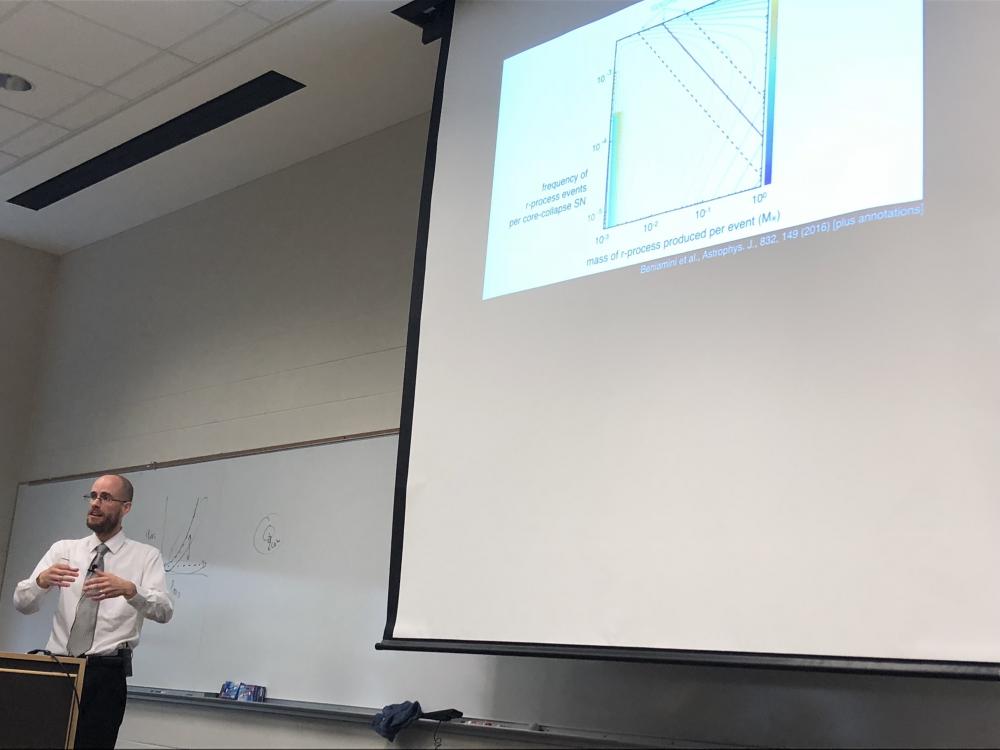 A speaker in front of a podium with a graph projected behind him