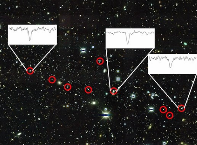 Dark Energy Survey image of the region surrounding the faint dwarf galaxy Reticulum II. The nine brightest known stars in the galaxy are marked with red circles