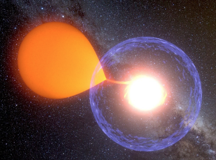 An artist’s depiction of an accreting white dwarf exploding in a Nova