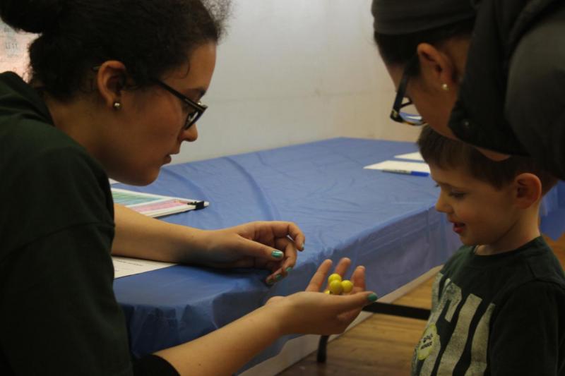 Parent and child explore nuclei with models